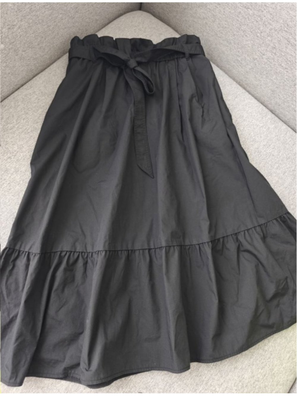 UNIQLO Cotton Blend Tiered Midi Skirt | Paperbag Waist | Black A-Line Skirt with